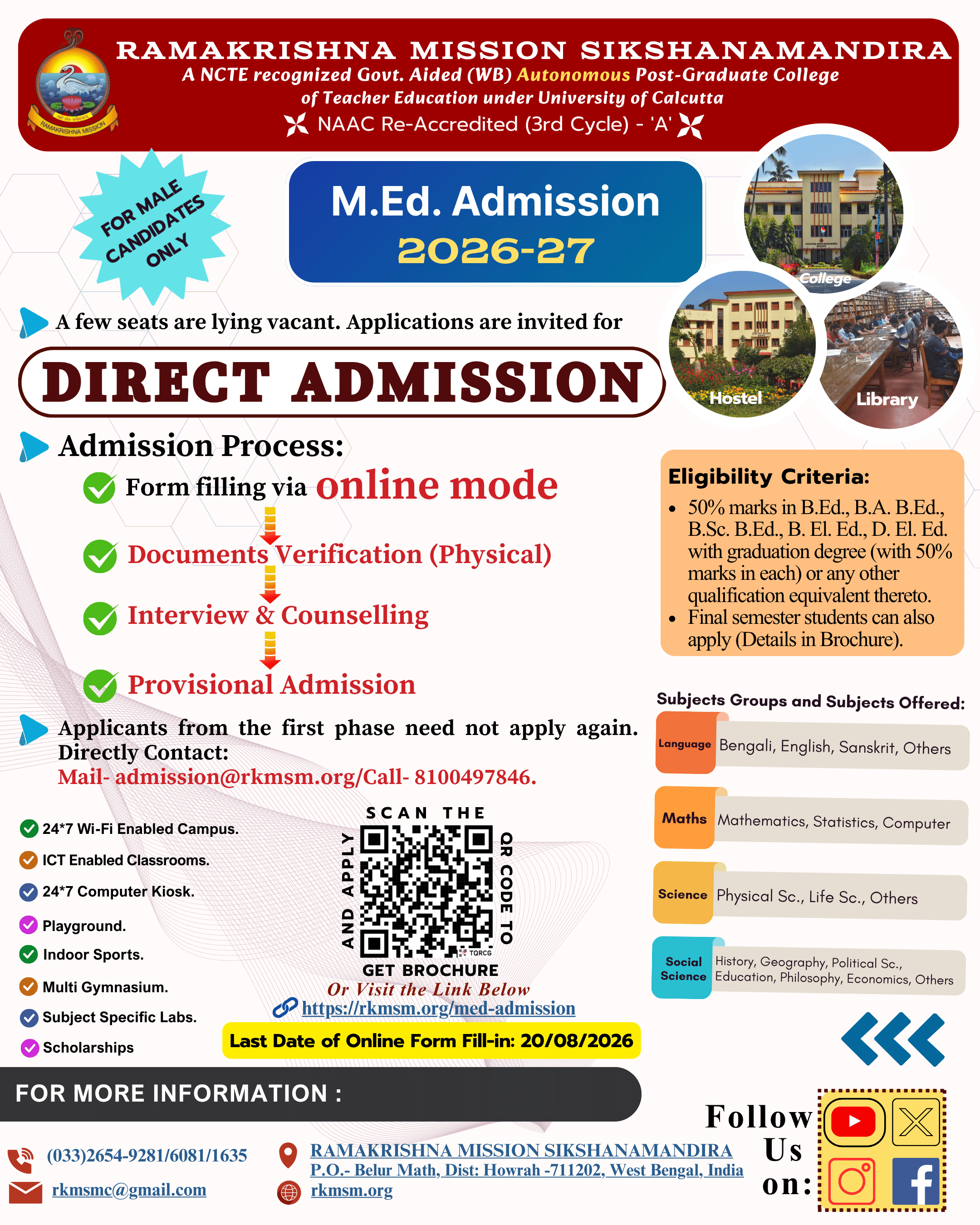 M.Ed. Direct Admission 2026–28 Flyer at Ramakrishna Mission Sikshanamandira